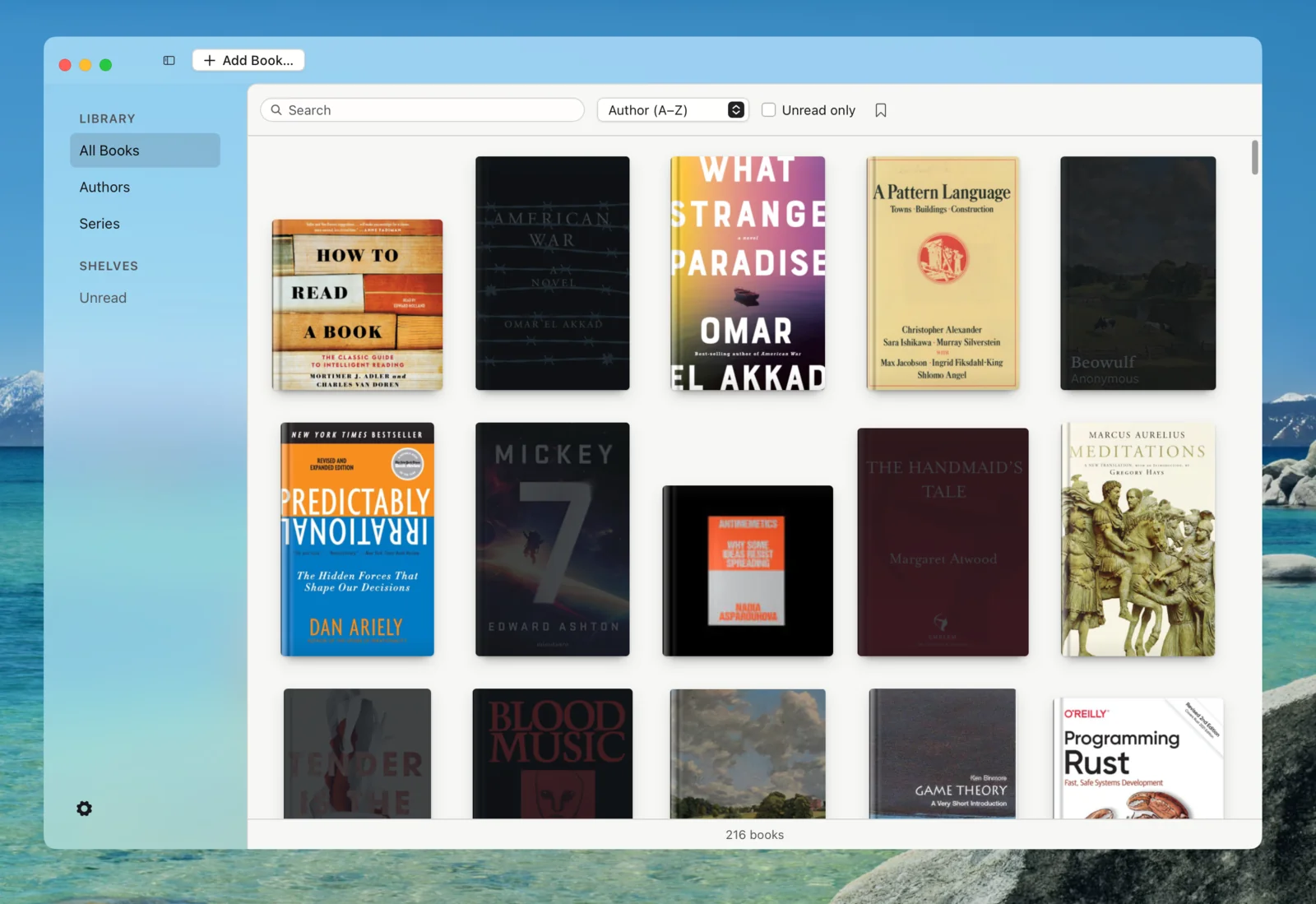 A screenshot of desktop software Citadel. In the center, a grid of book covers. Where a cover is missing is a calm oil painting of a pastoral scene, with the books title and author labelled over top. On the left side is a navigation rail, including links to 'All Books', 'Authors', 'Series', as well as custom queries. The UI is minimalist.