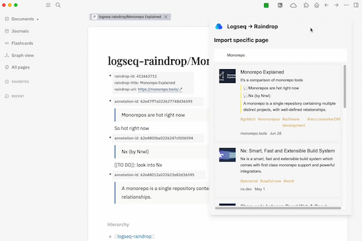 A screenshot of Logseq with the logseq-raindrop plugin window open. A Raindrop, with its highlights, has been imported into Logseq as a new page.